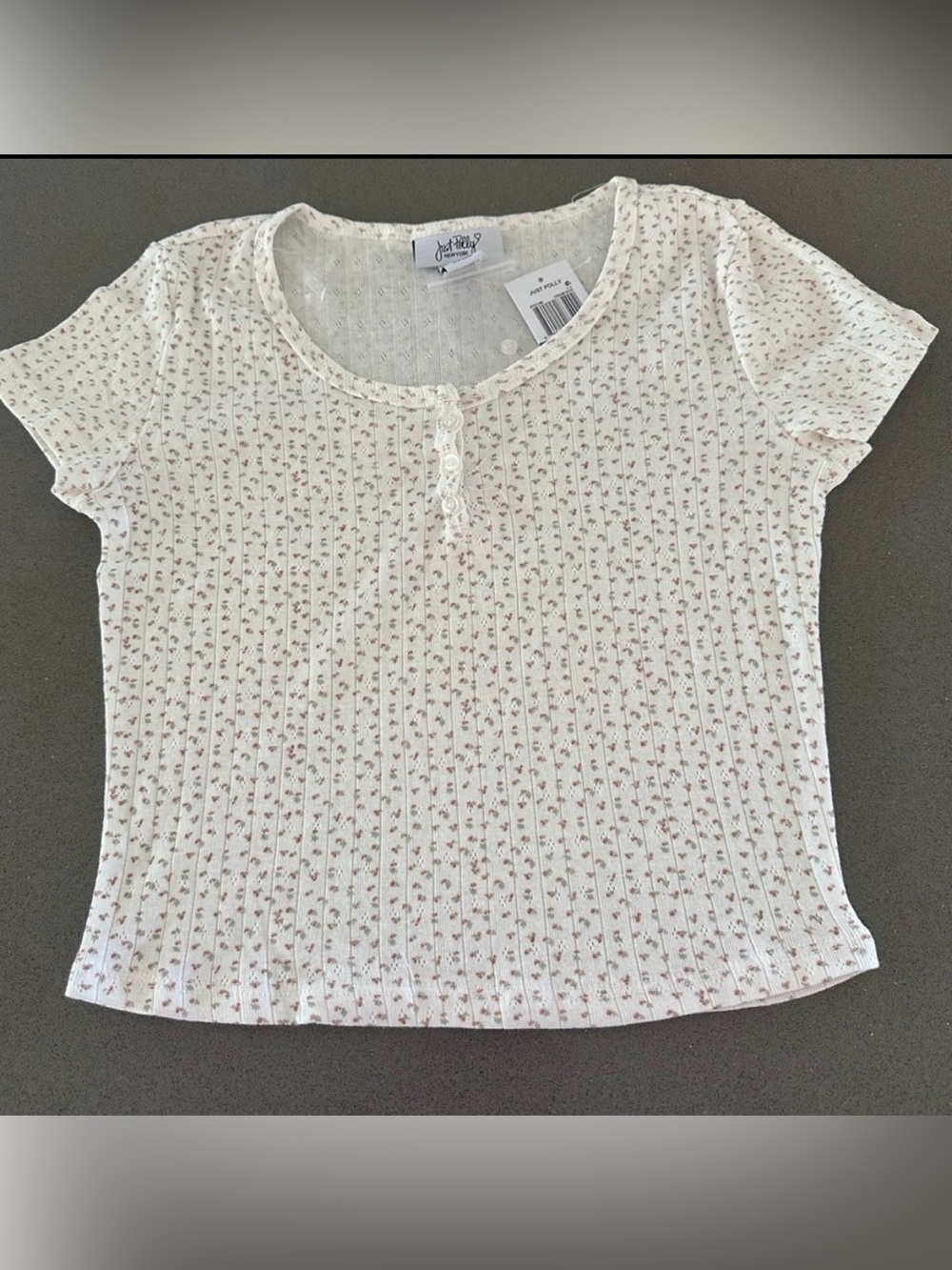 Just Polly Juniors' Cotton Pointelle Knit Henley Tee